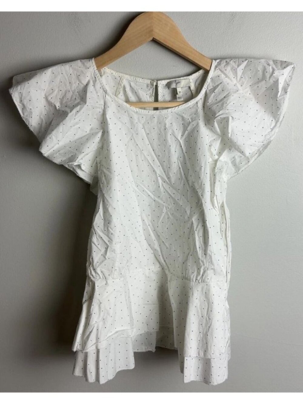 Joie White Polka Dot Flutter Sleeve Blouse Cotton Ruffle Top Size XS Women’s